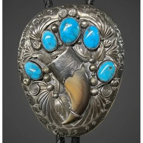 Vintage sterling silver and turquoise Native American bolo tie by Raymond Yazzie - Picture 2 of 8